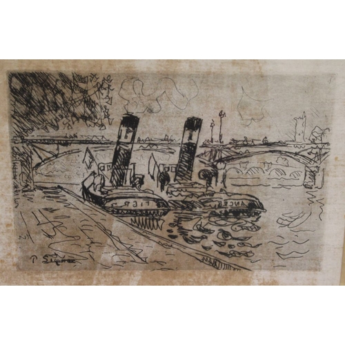 296 - A framed etching, Gents in top hats in a bar, together with a print of river tugs, both framed, moun... 