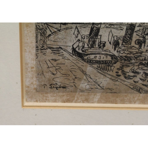 296 - A framed etching, Gents in top hats in a bar, together with a print of river tugs, both framed, moun... 