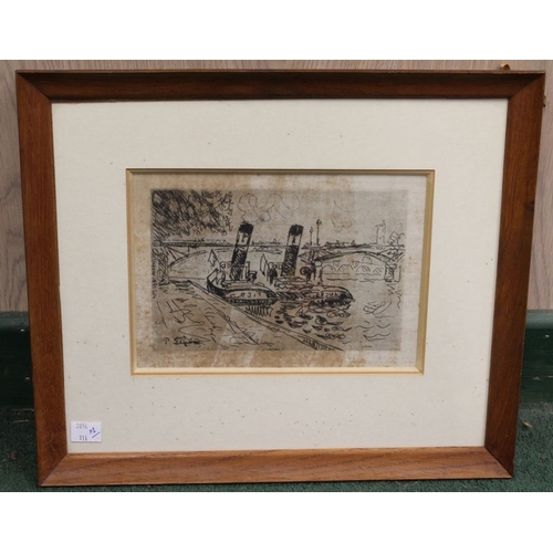 296 - A framed etching, Gents in top hats in a bar, together with a print of river tugs, both framed, moun... 