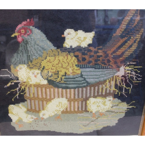 435 - A wool work picture of hen & chicks in a maple veneer frame, 40cm square, together with a framed pri... 