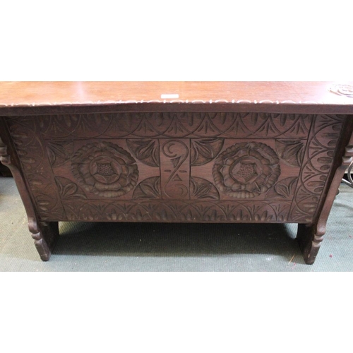 591 - Harry Tonkin of Cornwall, oak coffer with hinge lid, chip carved decoration includes his signature r... 