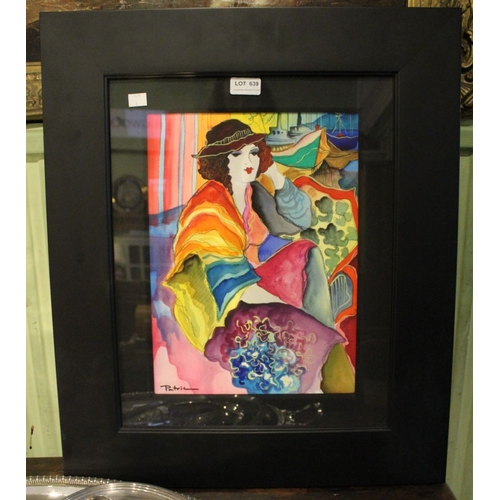 639 - Patricia Govezensky, Lady in hat, watercolour painting signed, 37cm x 27cm, ebonised frame, mounted ... 