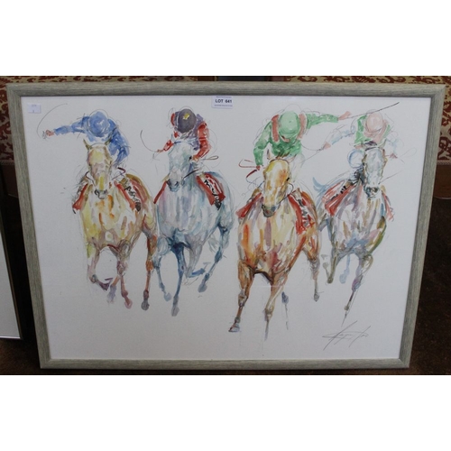 641 - Jacqueline Jones, watercolour & pencil Newmarket Racing, featuring the Royal Colours, signed in penc... 