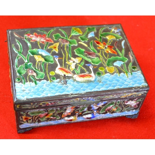 12 - A Chinese white metal cigarette box, with enamel decoration, depicting water birds amidst flowers, 1... 