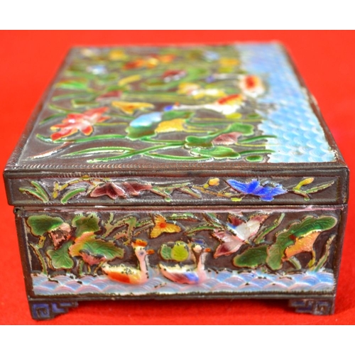 12 - A Chinese white metal cigarette box, with enamel decoration, depicting water birds amidst flowers, 1... 