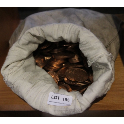 195 - A bag containing a large volume of old 1d coins, 13kg in weight