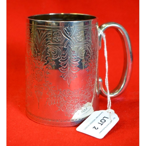 2 - A Victorian silver Christening tankard, engraved decoration and monogram, London 1877, weight: 226g