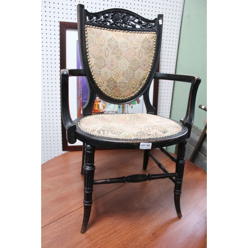 265 - An aesthetic period small open armchair embroidered seat & back