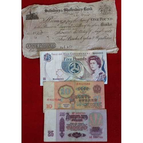 62 - A 1808 £1 bank note of the Salisbury & Shaftesbury Bank together with an Isle of Man £5 note no M969... 