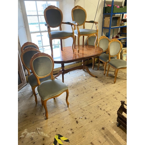 114 - Yew wood extending dining table with 8 chairs