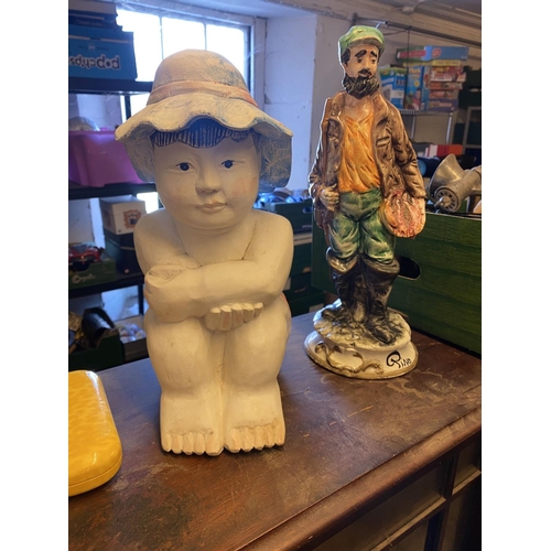 495 - Carved wood figure & Italian pottery figure