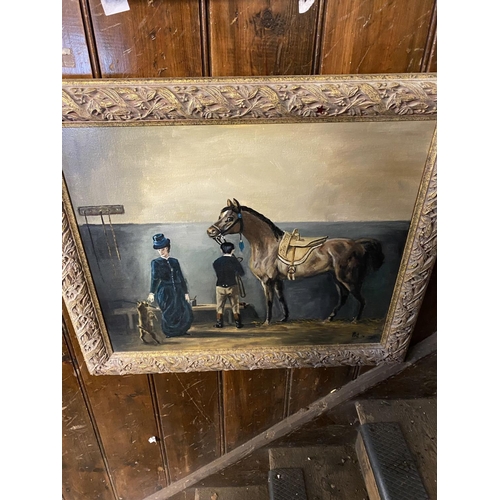 595 - Oil on canvas horse & figures in stable