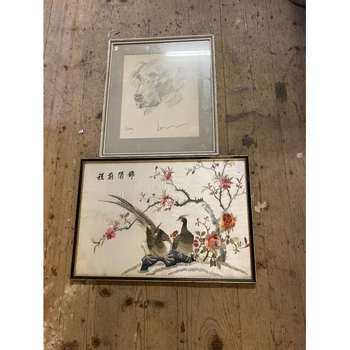 293 - Silk picture & dog sketch