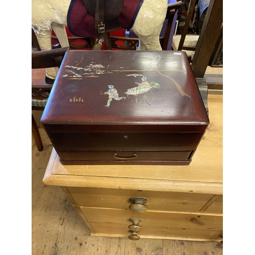 237 - Edwardian oriental lacquered sewing box with drawer