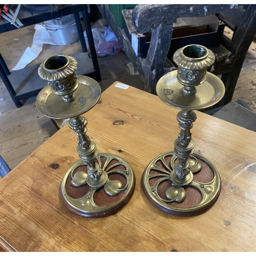 44 - Pair of brass Arts & Crafts candlesticks