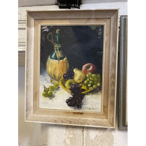 138 - Oil on board still life fruit-Harrods label to reverse