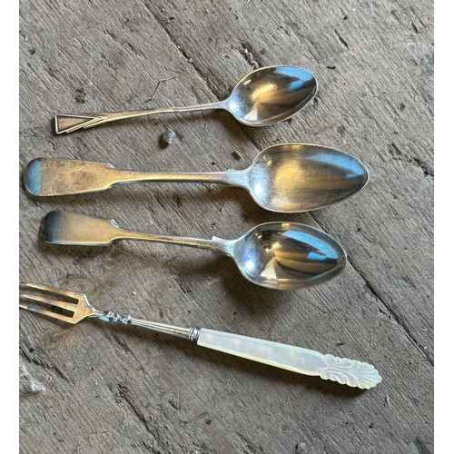 163 - Plated pickle fork & 3 silver spoons