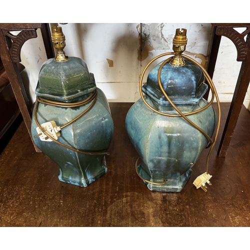 158 - Pair large glazed pottery lamps