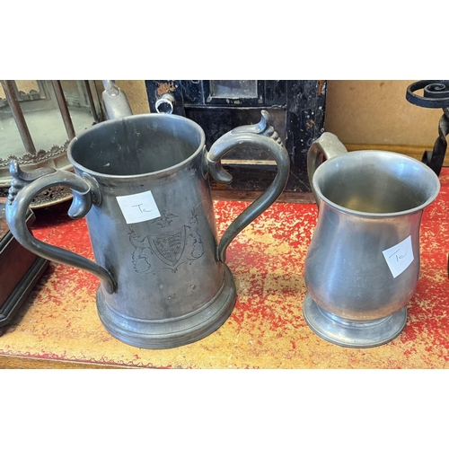 147 - Large 3 handled pewter tankard with glass bottom & 1 other