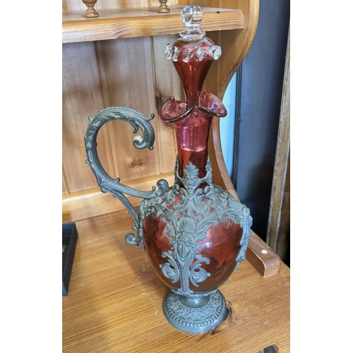 152 - Victorian cranberry glass & pewter claret jug