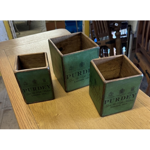 6 - 3 graduated wooden Purdy boxes