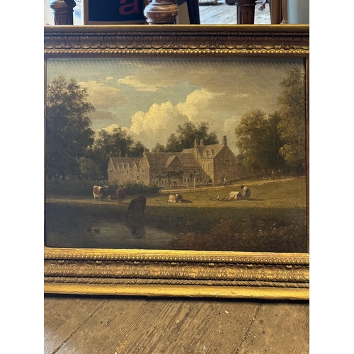 719 - Oil on canvas country house with cattle