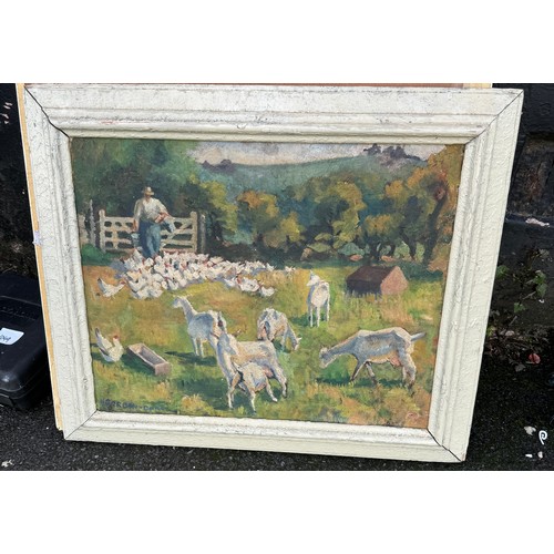 706A - Oil on canvas goats & chicken in field