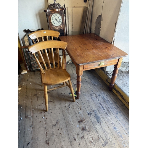 1 - Victorian pine table & 2 chairs