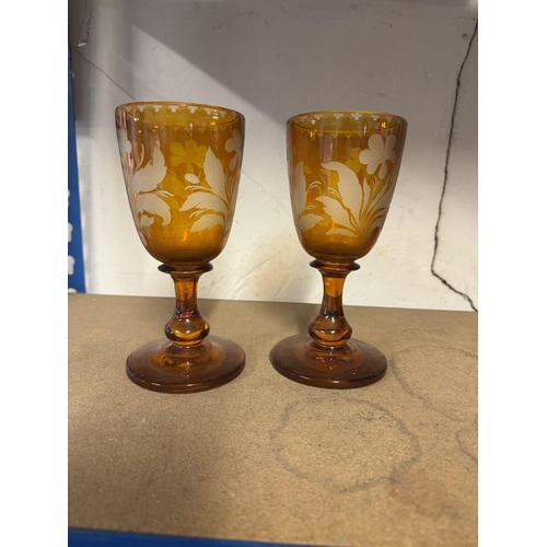 24 - Pair etched bohemian goblets