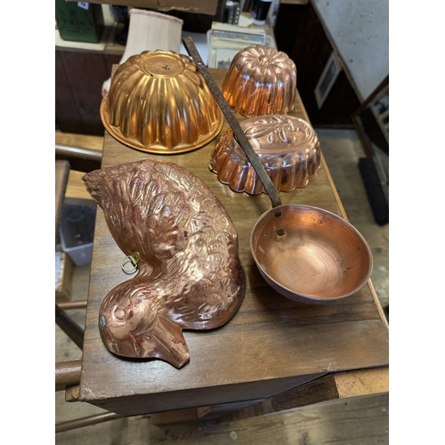 64 - Copper jelly moulds & ladel