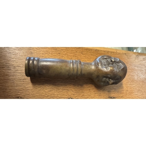 634 - Oriental bronze face walking cane handle