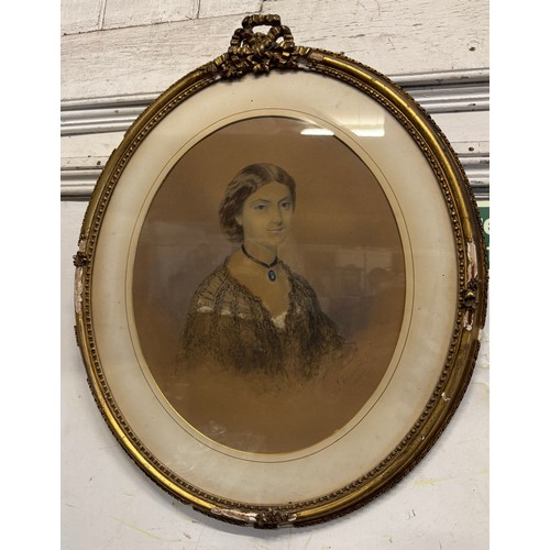 623 - Victorian oval watercolour portrait of a lady