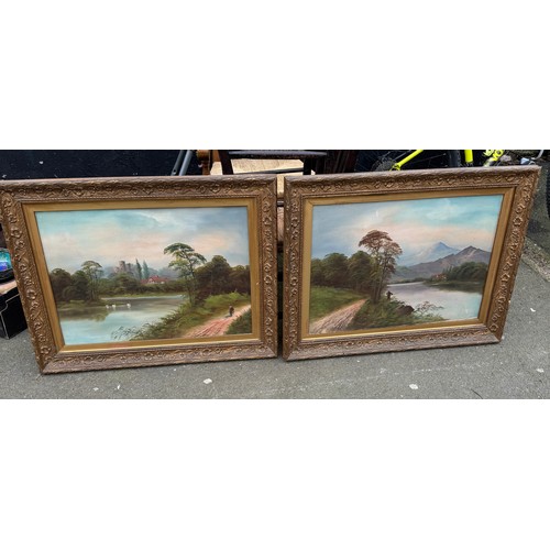 1096 - Pair large oils on boards river scenes