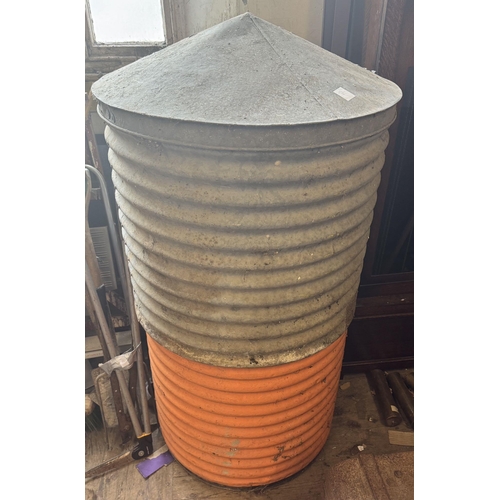 1128 - Galvanised lidded feed bin in good order & 1 orange painted one