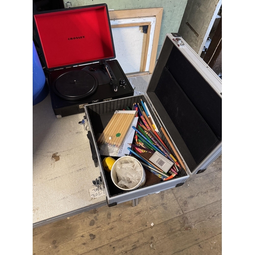 1156 - Cased record player & tin miscellaneous