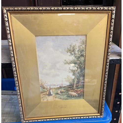 J R Miller watercolour figure and sheep by an estuary