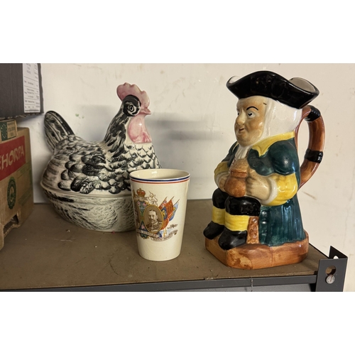 817 - Chicken egg basket,toby jug & commerative beaker