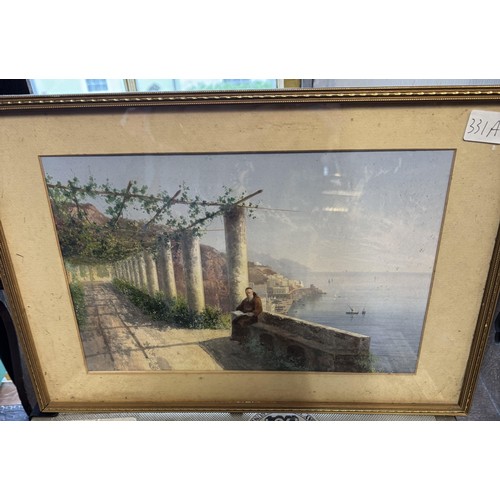 331A - watercolour monk reading a book in a continental landscape