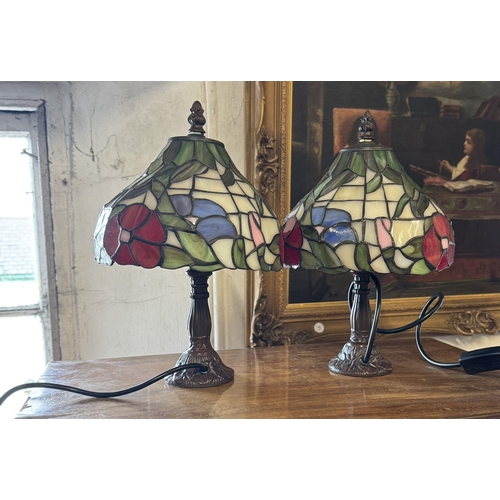 96 - Pair table lamps with leaded light shades
