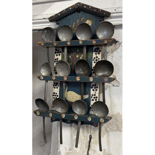 200 - Painted folk art wooden spoon rack & pewter spoons