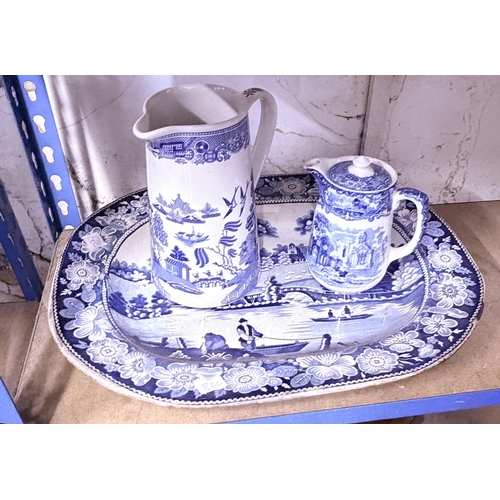 56 - Blue & white meat plate etc