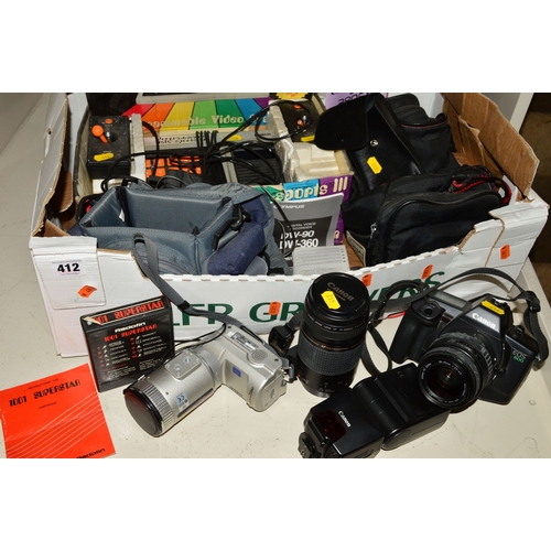 412 - A TRAY OF CAMERA AND GAMING EQUIPMENT, including a Canon EOS 600 Film SLR with a Sigma 28-70mm f3.5 ... 