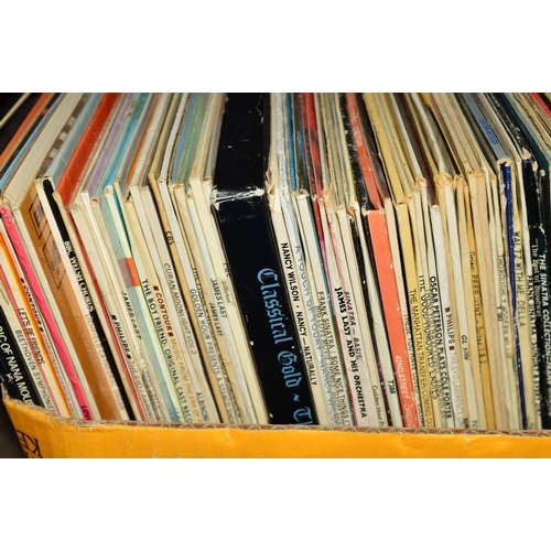 413 - A TRAY OF OVER 150 L.P'S, 12'' AND 7'' SINGLES, by artists including Frank Sinatra, Nat King Cole an... 