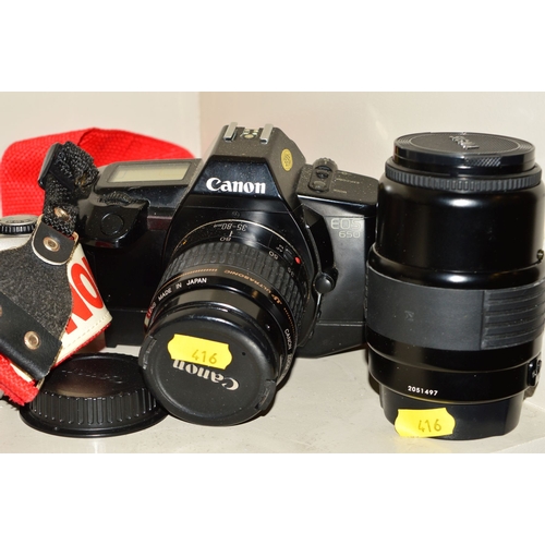 416 - A CANON EOS 1000FN, fitted with a Cosina 28-200mm f3.5 lens, a Canon EOS 650 fitted with a Sigma UC ... 