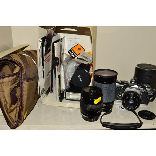 417 - AN OLYMPUS OM-2N MD FILM SLR CAMERA, fitted with an Auto S 50mm f1.4 lens, a Vivitar 28-200mm f3.5 l... 