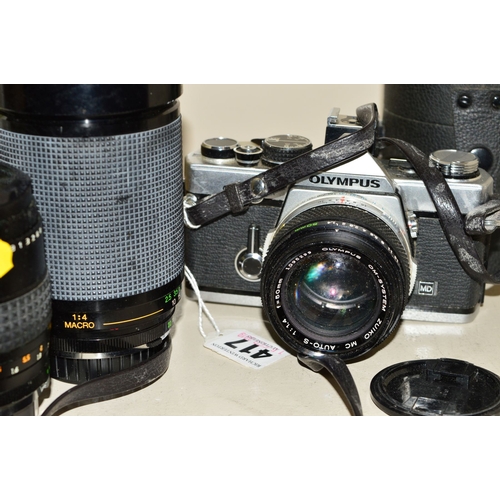 417 - AN OLYMPUS OM-2N MD FILM SLR CAMERA, fitted with an Auto S 50mm f1.4 lens, a Vivitar 28-200mm f3.5 l... 