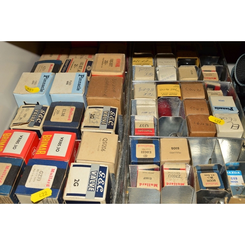 422 - THREE BOXES OF OVER SIXTY BOXED VINTAGE VACUUM TUBES (THERMIONIC VALVES), and over eighty unboxed va... 