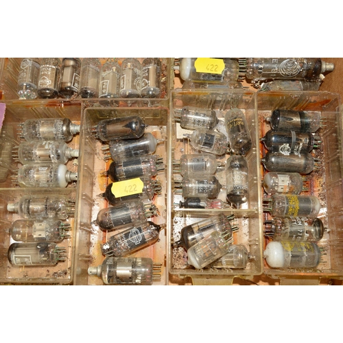 422 - THREE BOXES OF OVER SIXTY BOXED VINTAGE VACUUM TUBES (THERMIONIC VALVES), and over eighty unboxed va... 