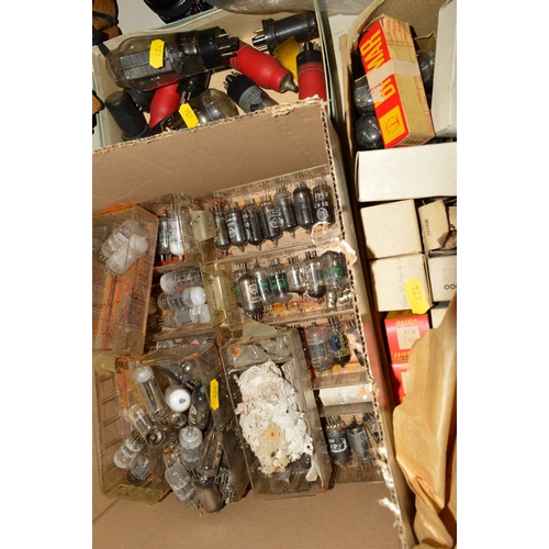 424 - THREE BOXES OF VINTAGE VACUUM TUBES (THERMIONIC VALVES), boxed and loose from makers like Mullard, P... 