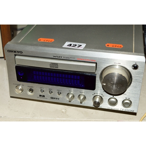 427 - AN ONKYO CR-505 DAB CD RECIEVER, and a pair of Monitor Audio bronze B1 speaker (PAT pass and fully w... 